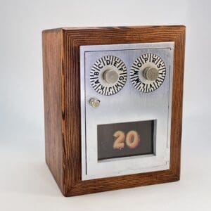 Wooden box with metal safe door.