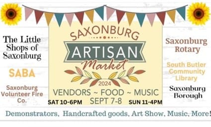 A banner with the words " saxonburg artisan market 2 0 1 4 vendors-food-music sept 7-8, sun 1 1