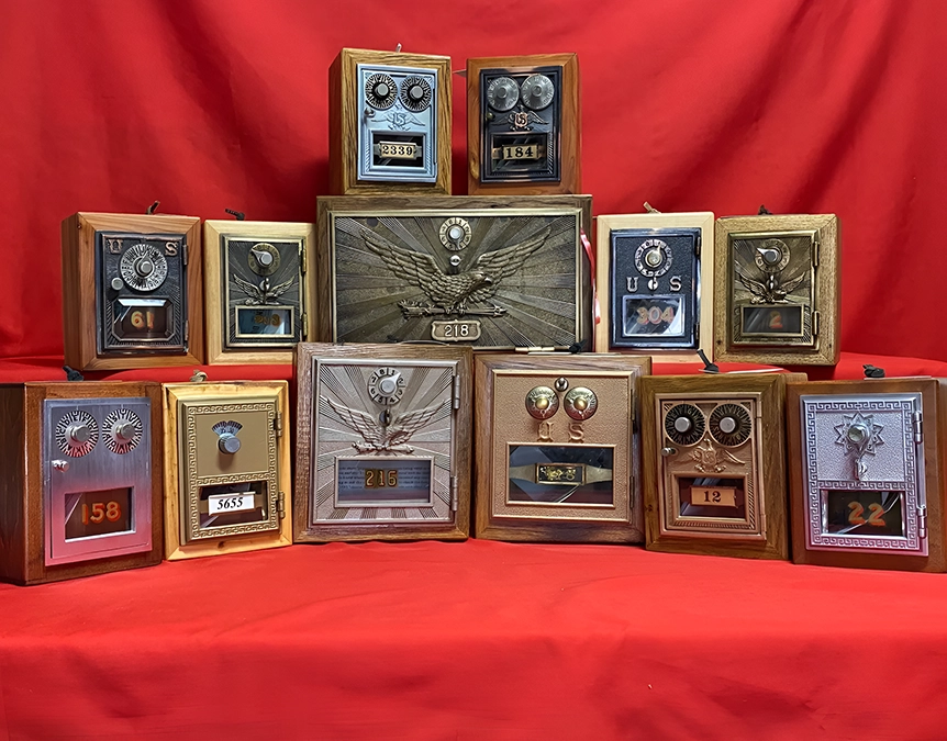 A group of old radio cases on display.