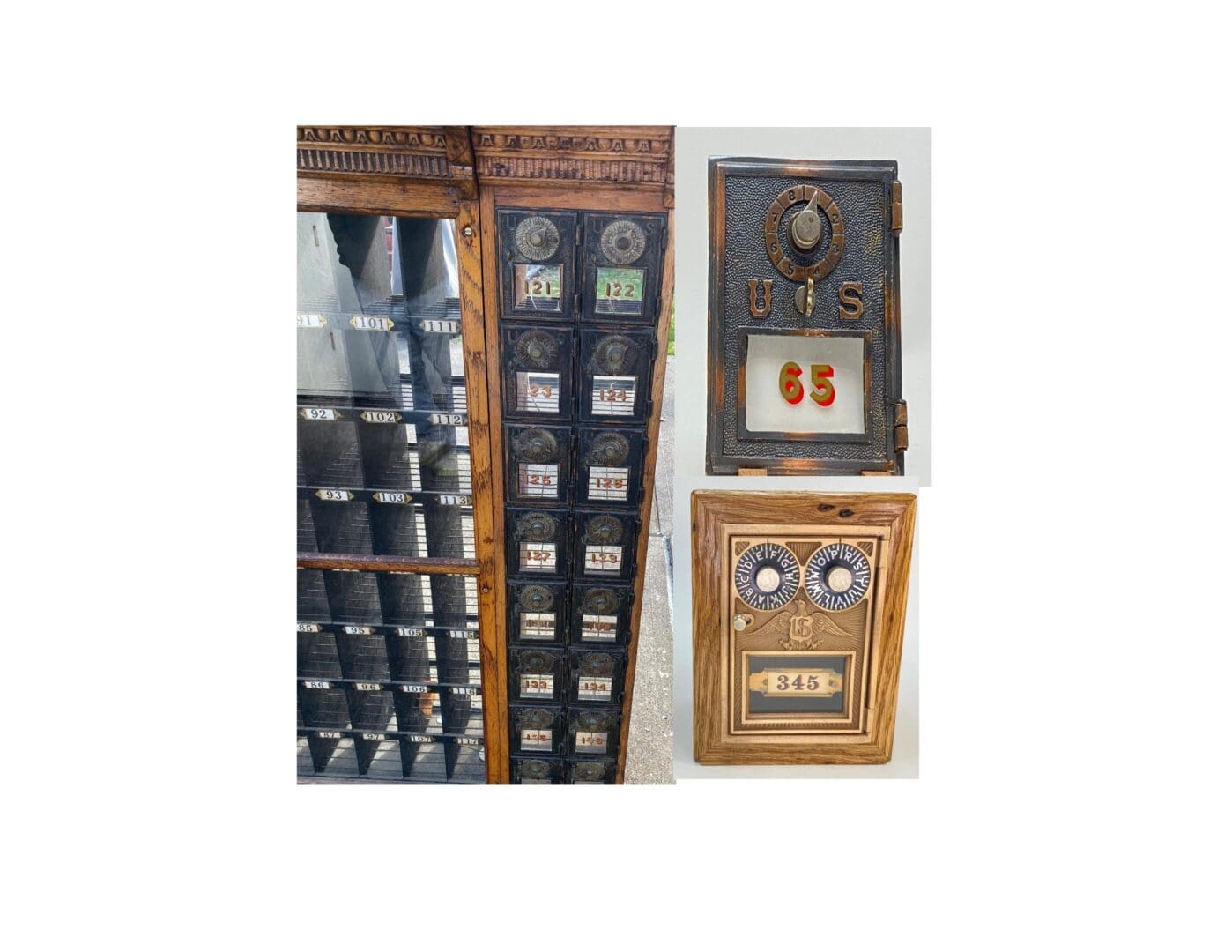 A group of different types of old style vending machines.