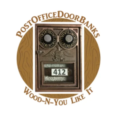 A brown and white logo with a picture of a mailbox.